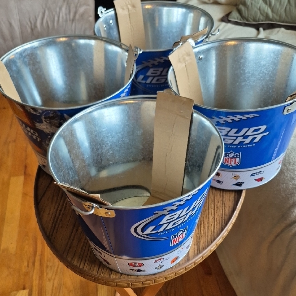 BUD LIGHT Blue Metal Ice Buckets. Dated 2011 With Football Team Logos, New.